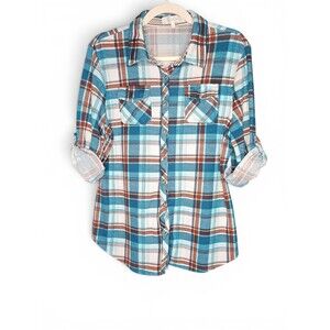 Anthropologie Eden & Olivia Shirt Womens Large Teal Brown Plaid Flannel Button